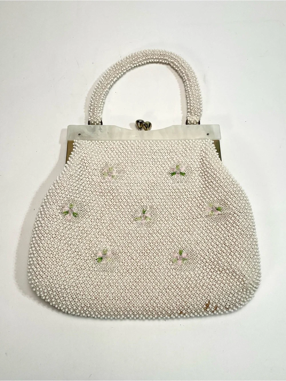 Vintage 50s 60s Beaded Handbag White Floral Embroidered, Lucite Frame Hong Kong